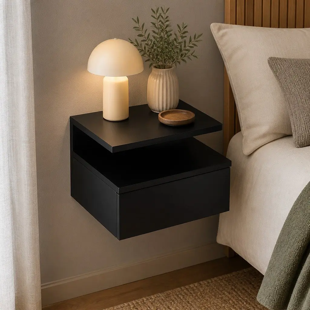 Black Wall-Mounted Bedside Table Set with LED Light
