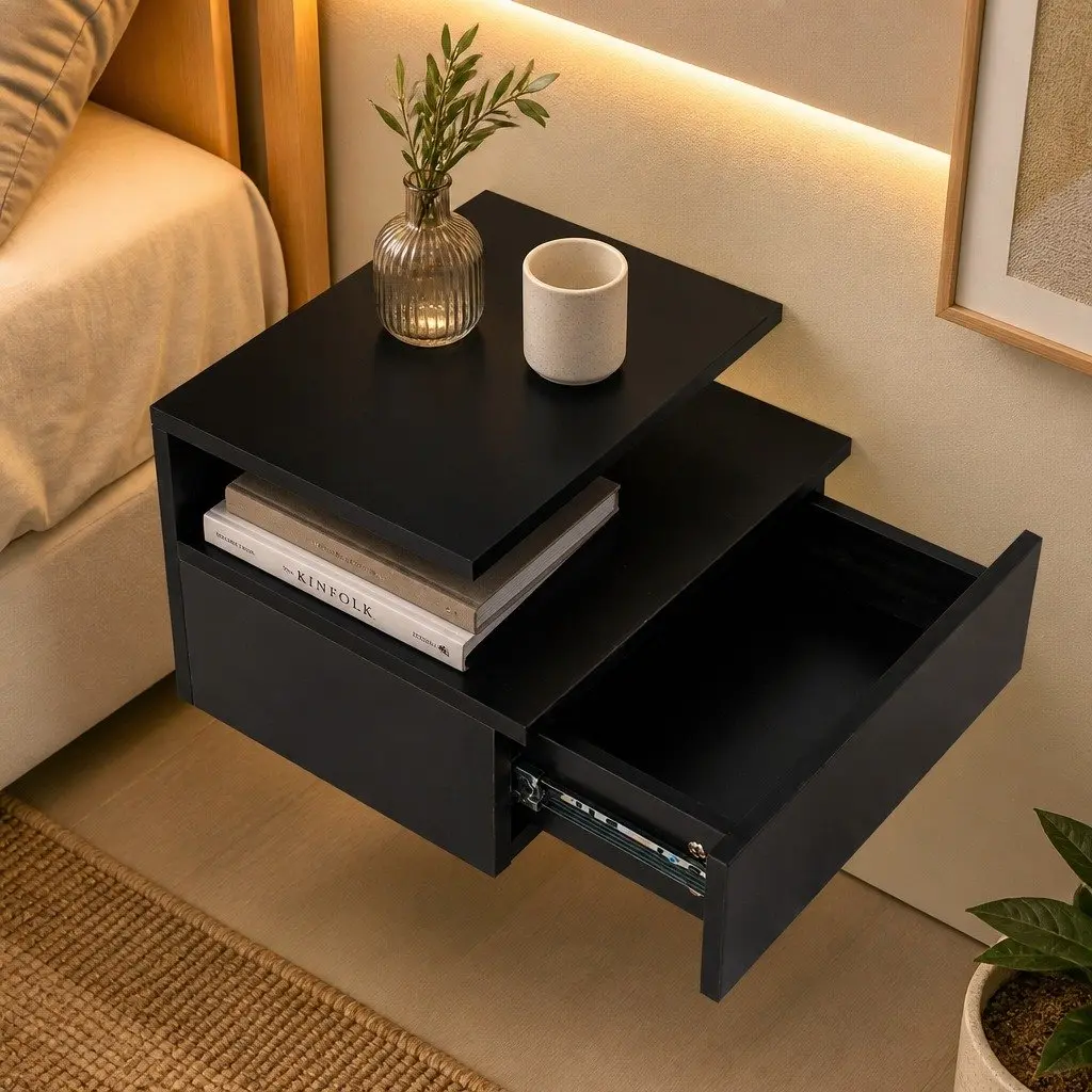 Black Wall-Mounted Bedside Table Set with LED Light