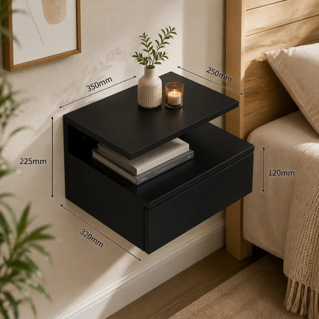 Black Wall-Mounted Bedside Table Set with LED Light