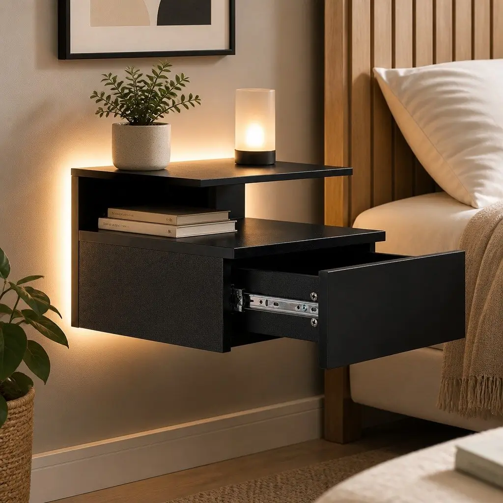 Black Wall-Mounted Bedside Table Set with LED Light