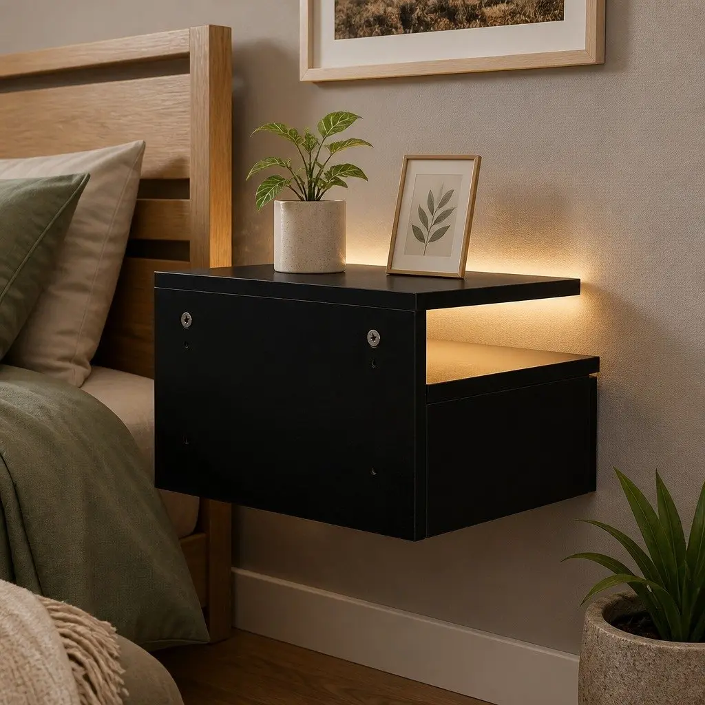 Black Wall-Mounted Bedside Table Set with LED Light