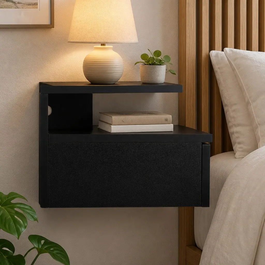 Black Wall-Mounted Bedside Table Set with LED Light