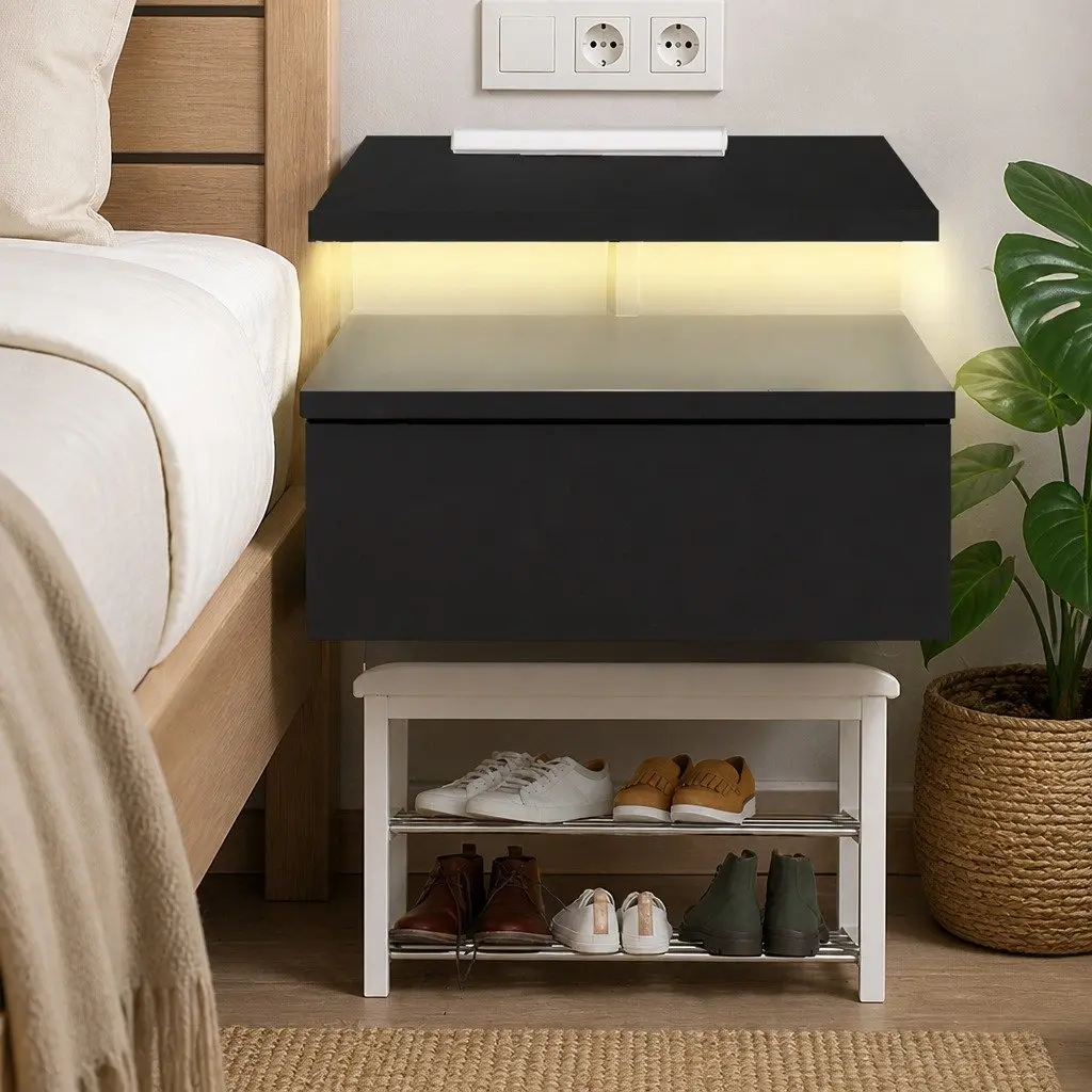 Black Wall-Mounted Bedside Table Set with LED Light