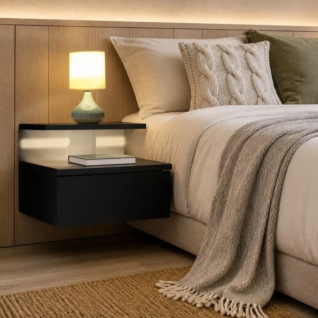 Black Wall-Mounted Bedside Table Set with LED Light