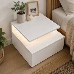 Wall Mounted Bedside Tables with LED Light Modern Side Table Storage White
