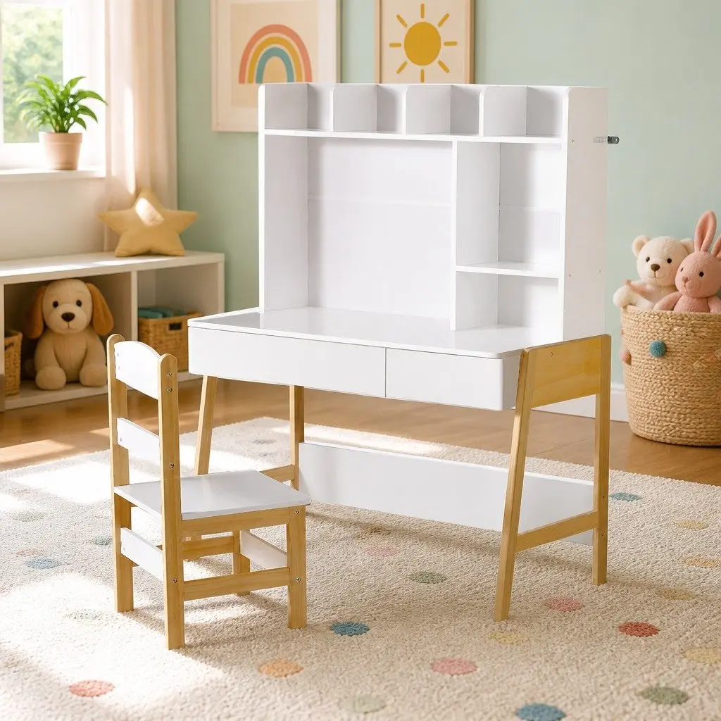Kids Study Desk and Chair Set MDF Pine Wood 101cm x 45.5cm x 123cm White Natural Wood