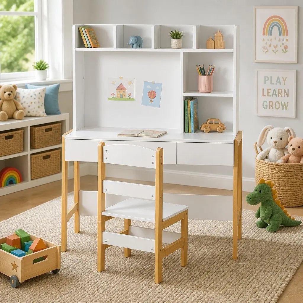 Kids Study Desk and Chair Set MDF Pine Wood 101cm x 45.5cm x 123cm White Natural Wood