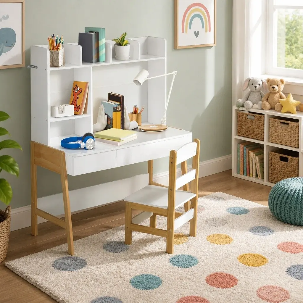 Kids Study Desk and Chair Set MDF Pine Wood 101cm x 45.5cm x 123cm White Natural Wood