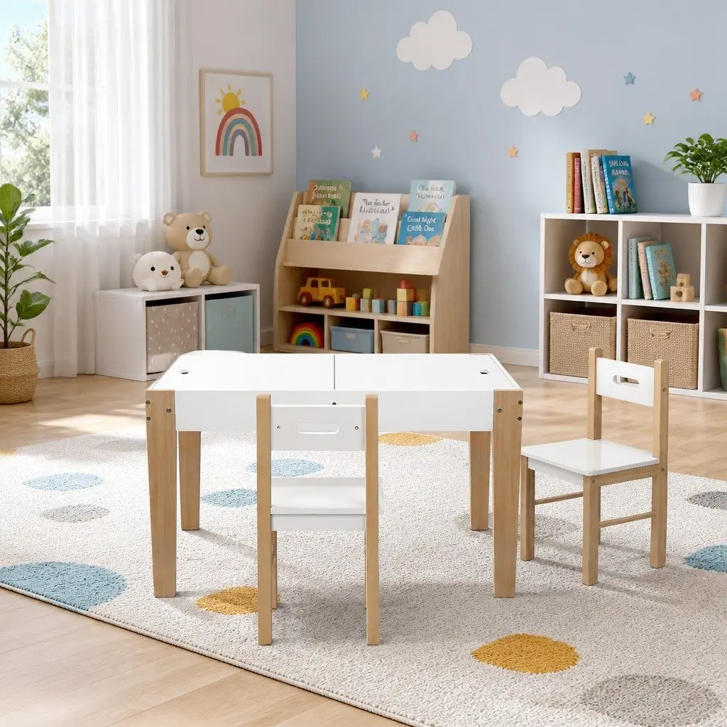 Kids Table and Chairs Set with Reversible Chalkboard Desktop Storage