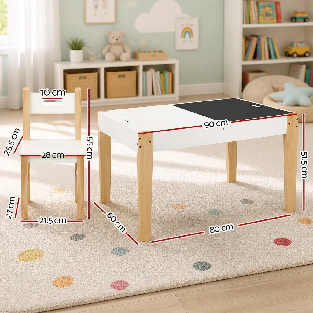 Kids Table and Chairs Set with Reversible Chalkboard Desktop Storage