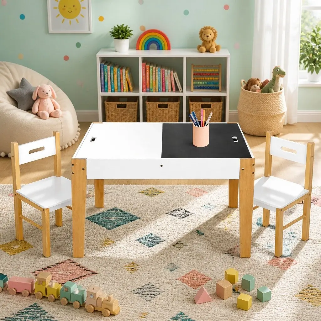 Kids Table and Chairs Set with Reversible Chalkboard Desktop Storage