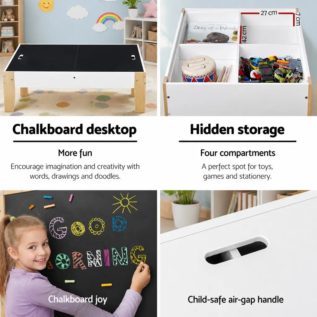 Kids Table and Chairs Set with Reversible Chalkboard Desktop Storage