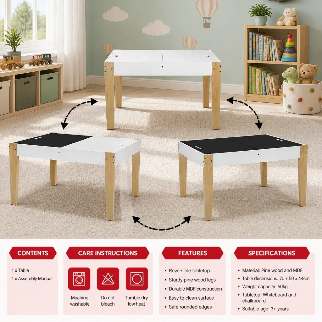 Kids Table and Chairs Set with Reversible Chalkboard Desktop Storage