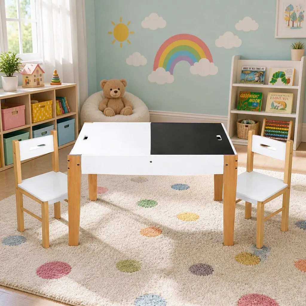Kids Table and Chairs Set with Reversible Chalkboard Desktop Storage