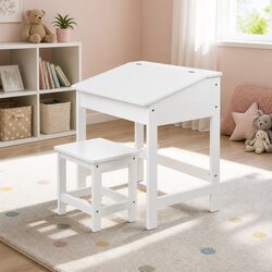 Durable Kids Lift-Top Desk and Stool Set in White