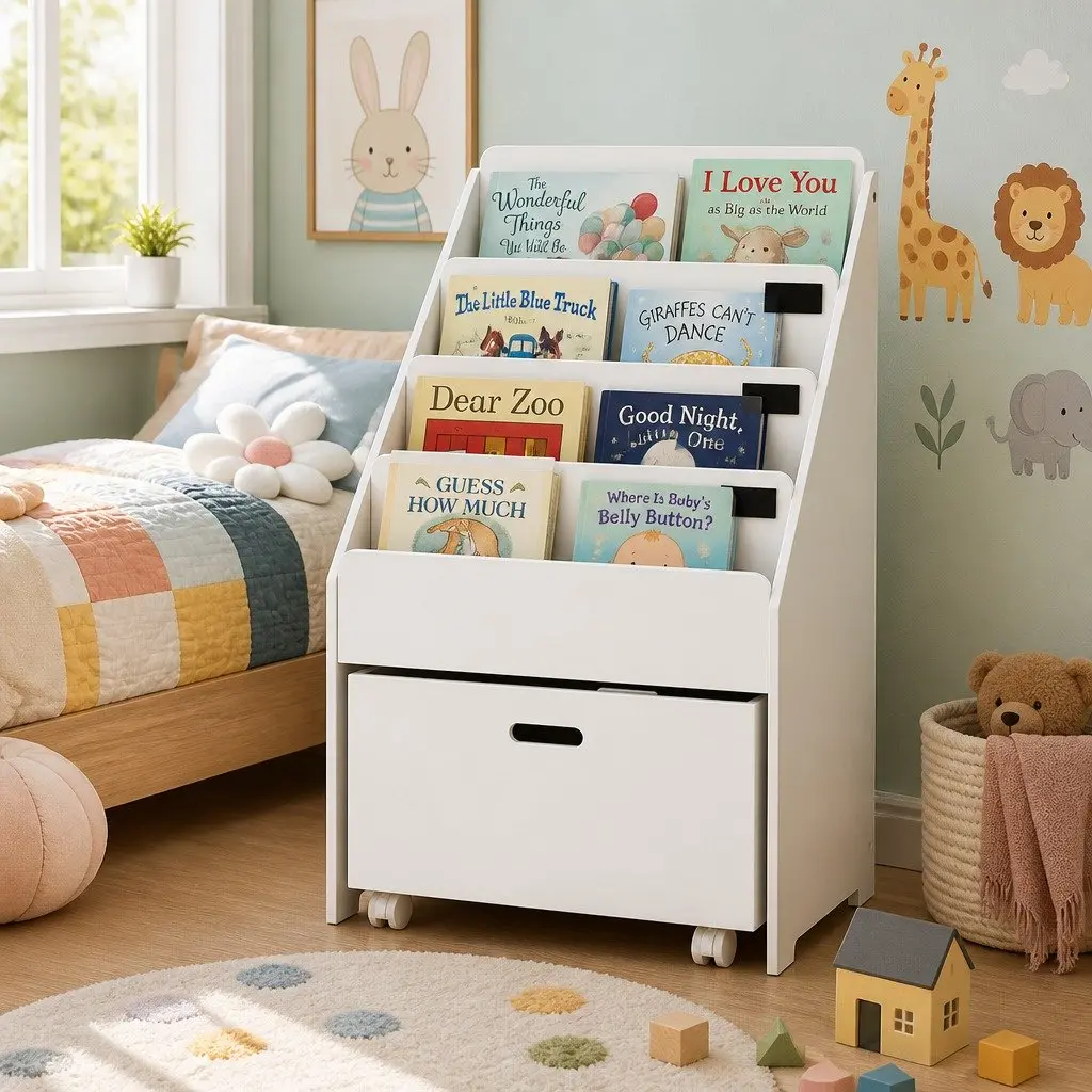 Kids Bookshelf Particle Board 4 Tier White