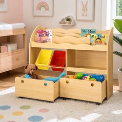 Sturdy Kids 3-Tier Bookshelf with Removable Bins
