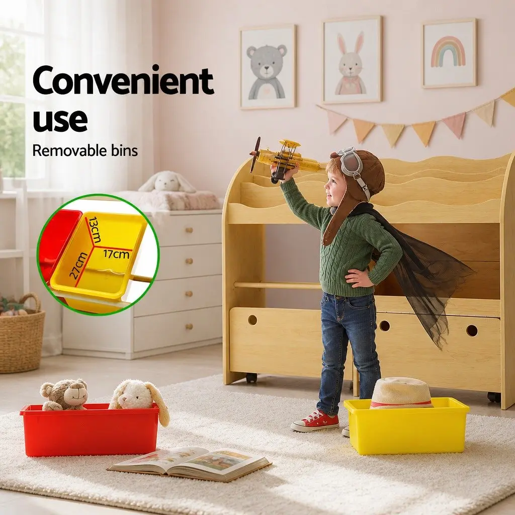 Kids Bookshelf Storage Organiser 3-Tier MDF Natural