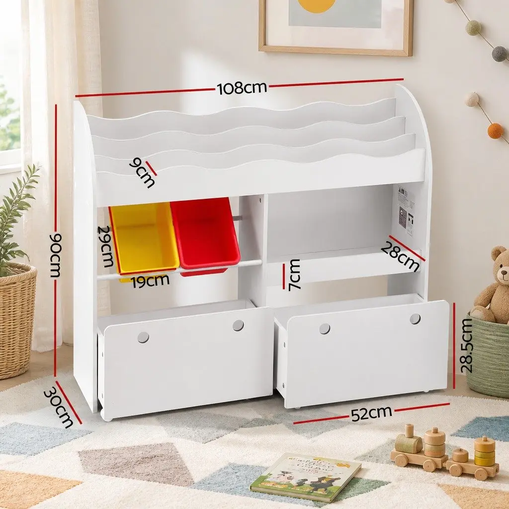 Kids Bookshelf MDF 3 Tier White Storage Organiser Toy Box Display Shelf Removable Drawers