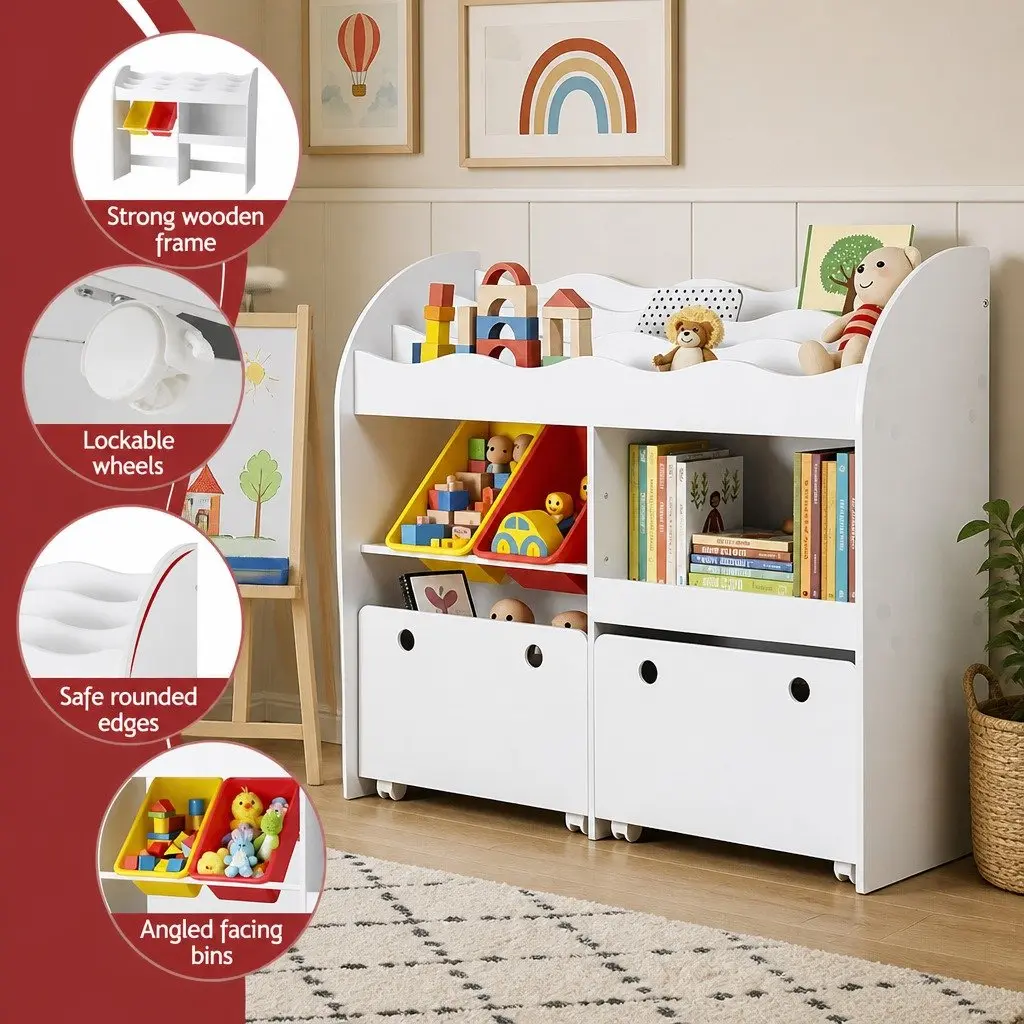 Kids Bookshelf MDF 3 Tier White Storage Organiser Toy Box Display Shelf Removable Drawers