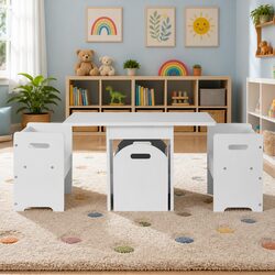 Kids Table and Chairs Set with Storage Box - White
