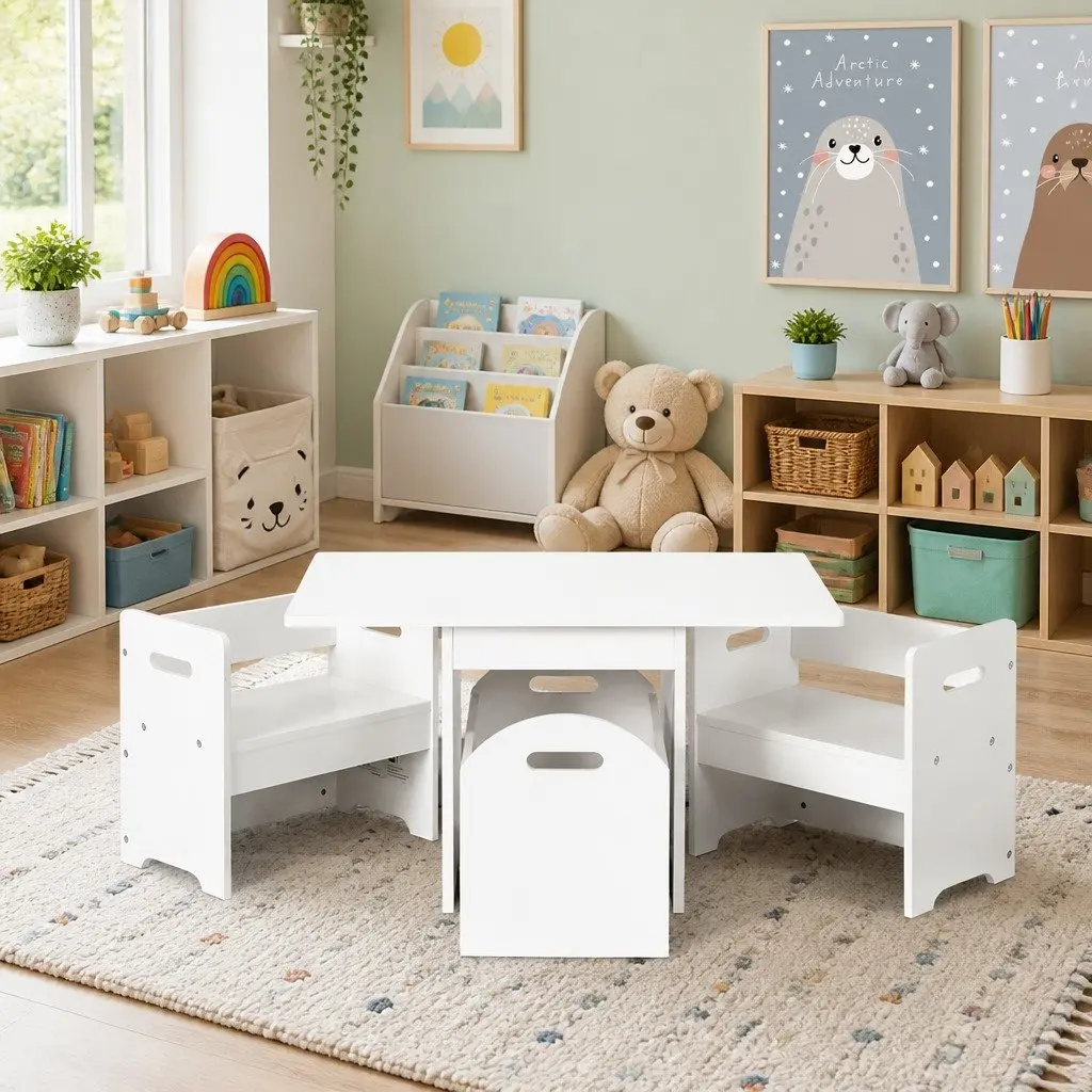 Kids Table and Chairs Set MDF 3 Piece White