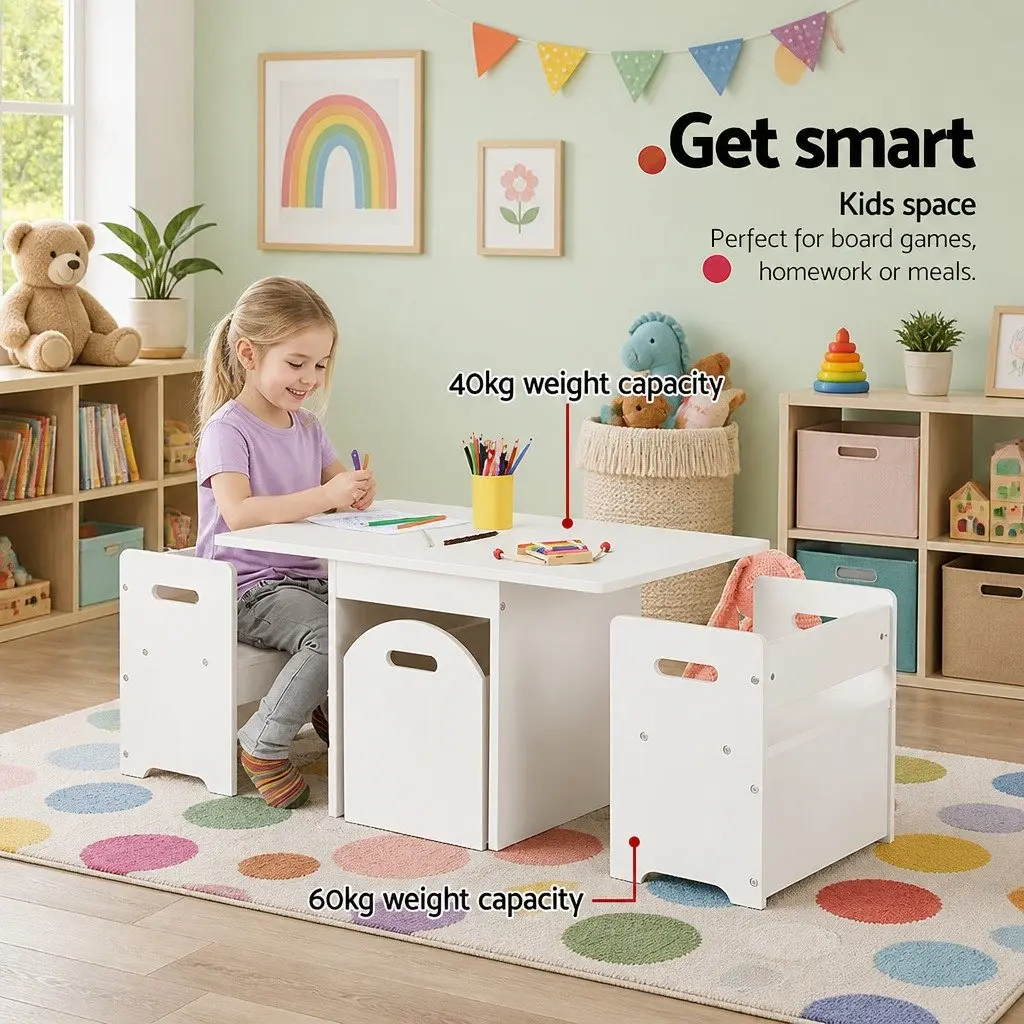 Kids Table and Chairs Set MDF 3 Piece White