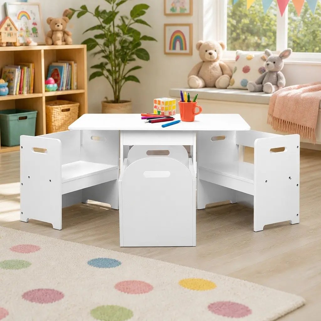 Kids Table and Chairs Set MDF 3 Piece White