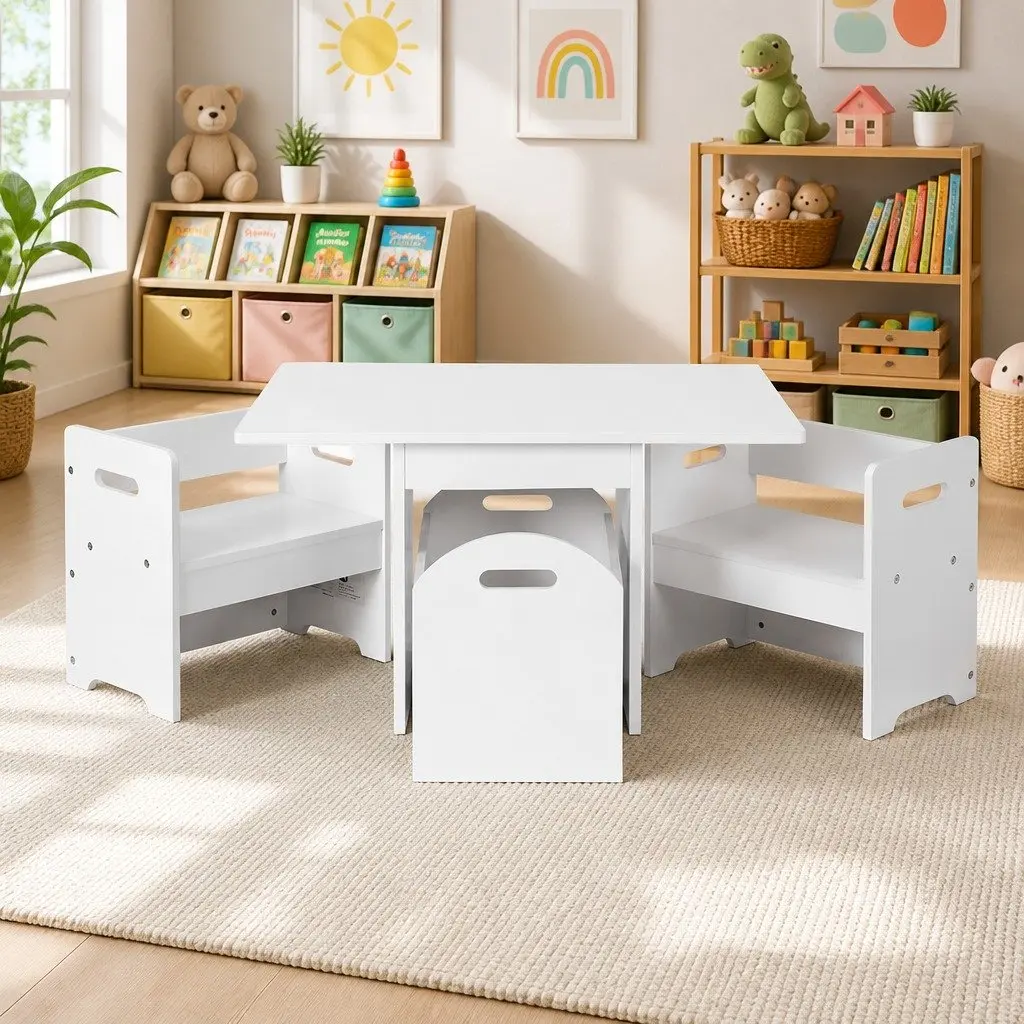 Kids Table and Chairs Set MDF 3 Piece White