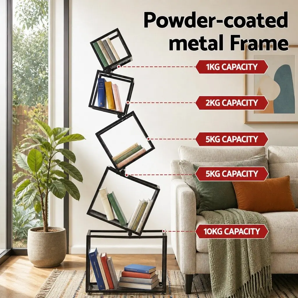 5-Tier Bookshelf Metal Geometric Display Shelf Storage Organizer Black Vertical