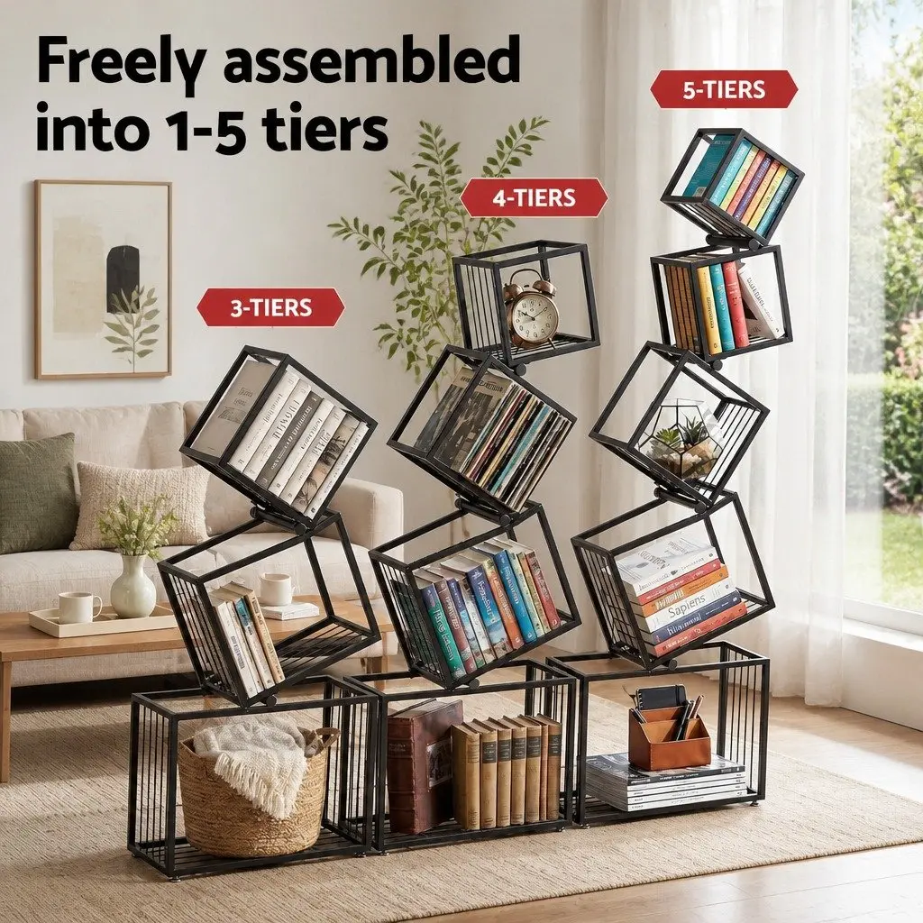 5-Tier Bookshelf Metal Geometric Display Shelf Storage Organizer Black Vertical