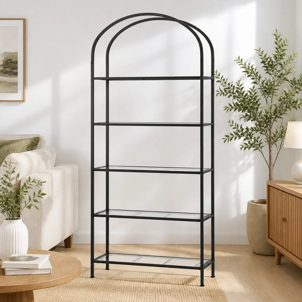 5-Tier Industrial Bookcase with Tempered Glass Shelves