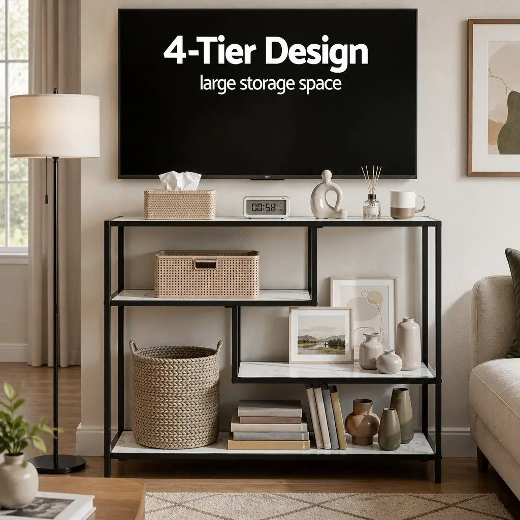 Console Table MDF Metal 4-Tier Black Slim Storage Shelves