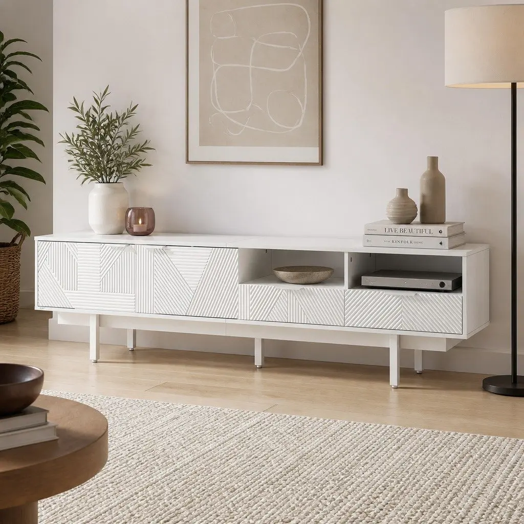 TV Unit Storage Cabinet White 200cm Modern