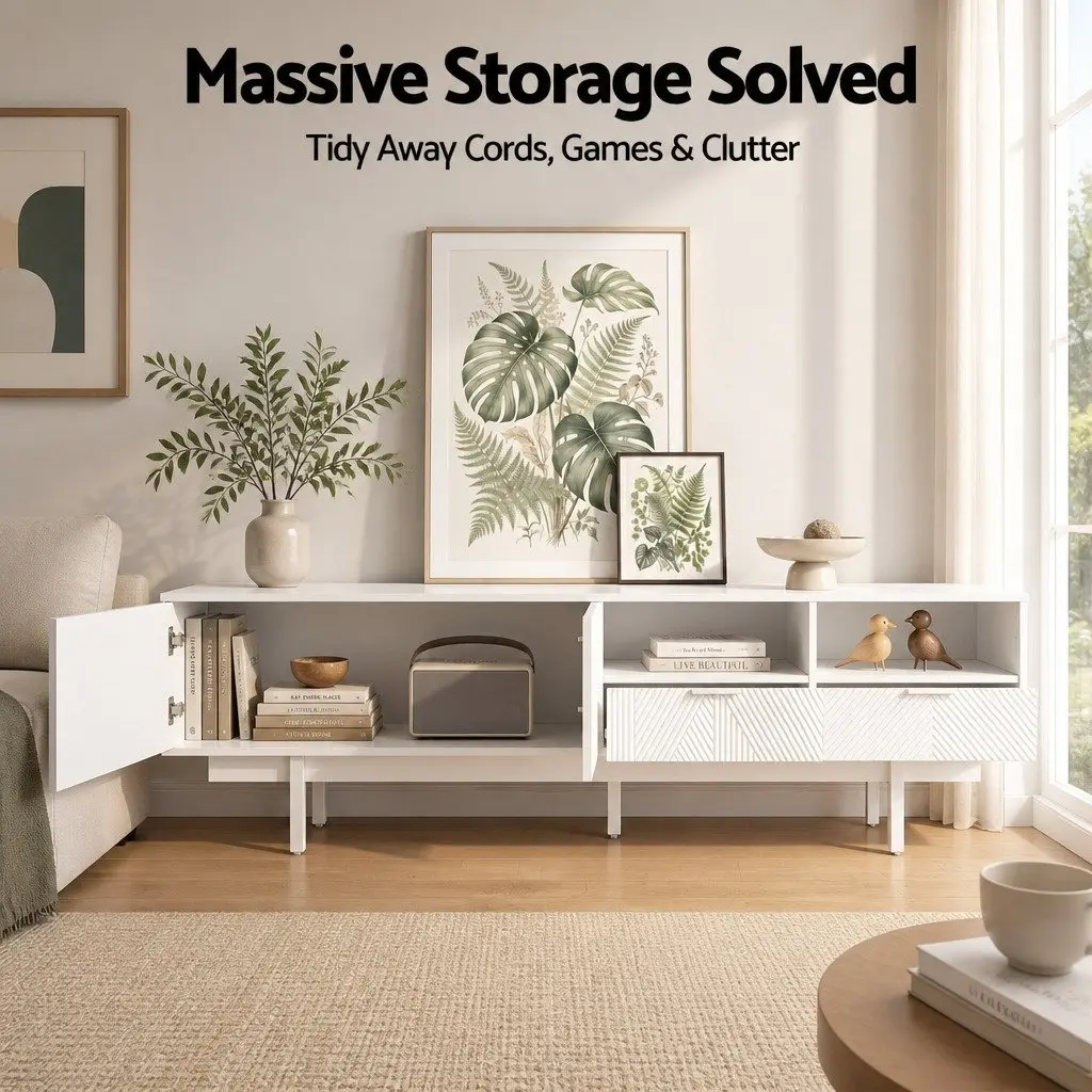 TV Unit Storage Cabinet White 200cm Modern