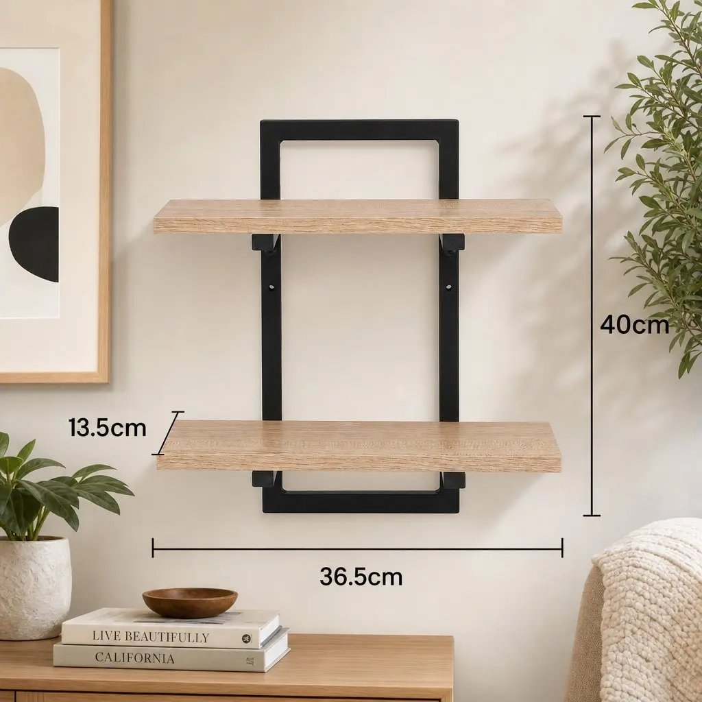 Floating Wall Shelf Wood Black 2-Tier Wall-Mounted Display Ledge Storage Set of 2