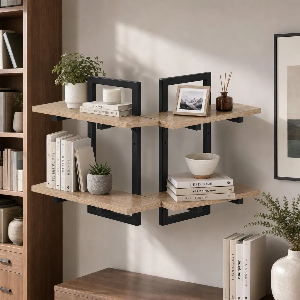 Floating Wall Shelf Wood Black 2-Tier Wall-Mounted Display Ledge Storage Set of 2