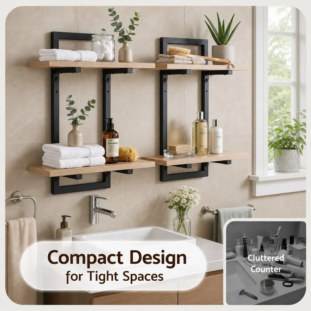 Floating Wall Shelf Wood Black 2-Tier Wall-Mounted Display Ledge Storage Set of 2