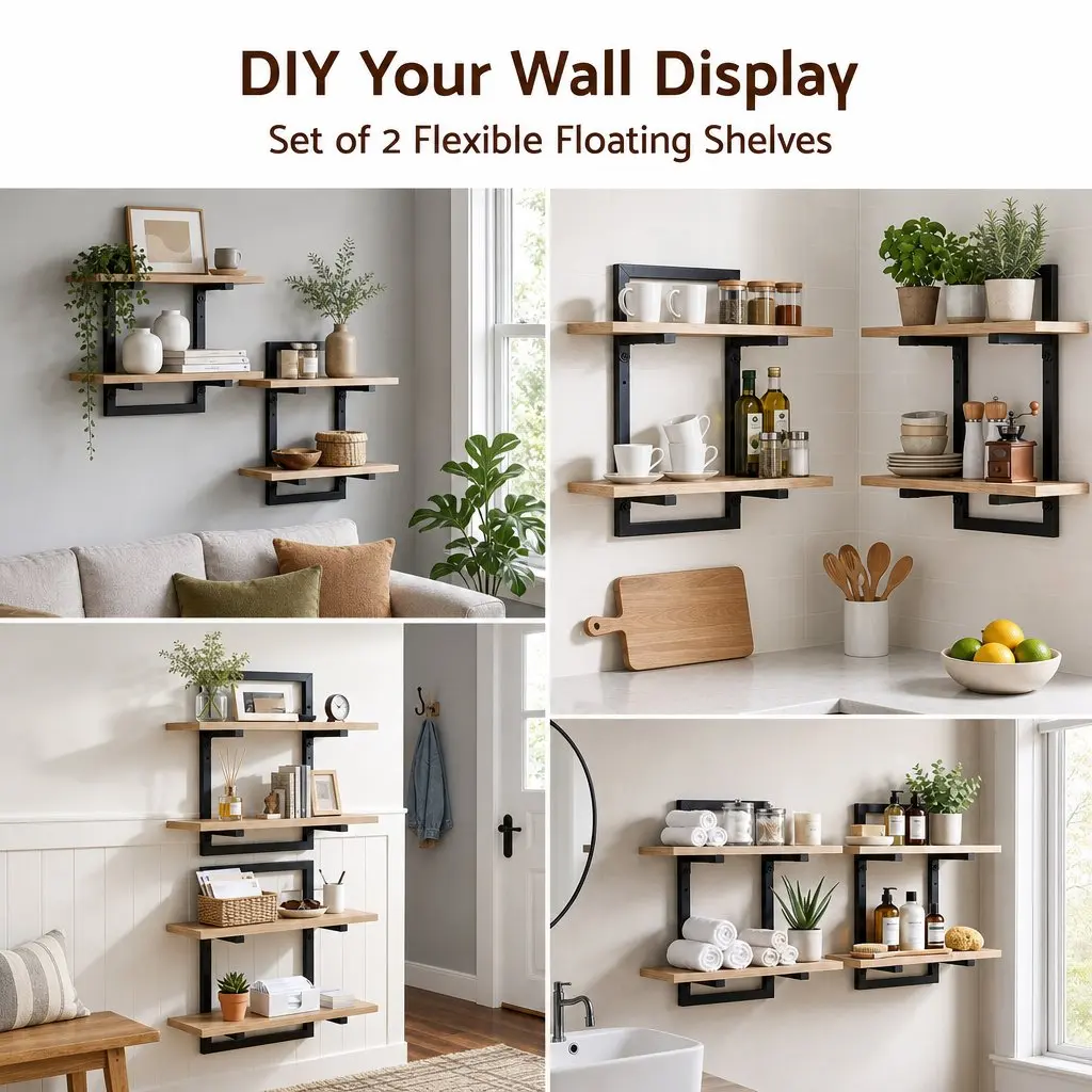 Floating Wall Shelf Wood Black 2-Tier Wall-Mounted Display Ledge Storage Set of 2