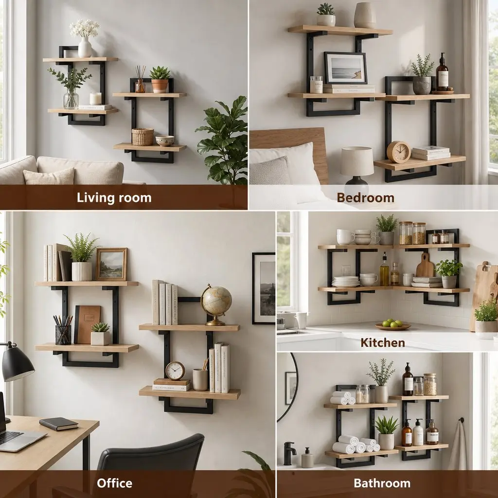 Floating Wall Shelf Wood Black 2-Tier Wall-Mounted Display Ledge Storage Set of 2