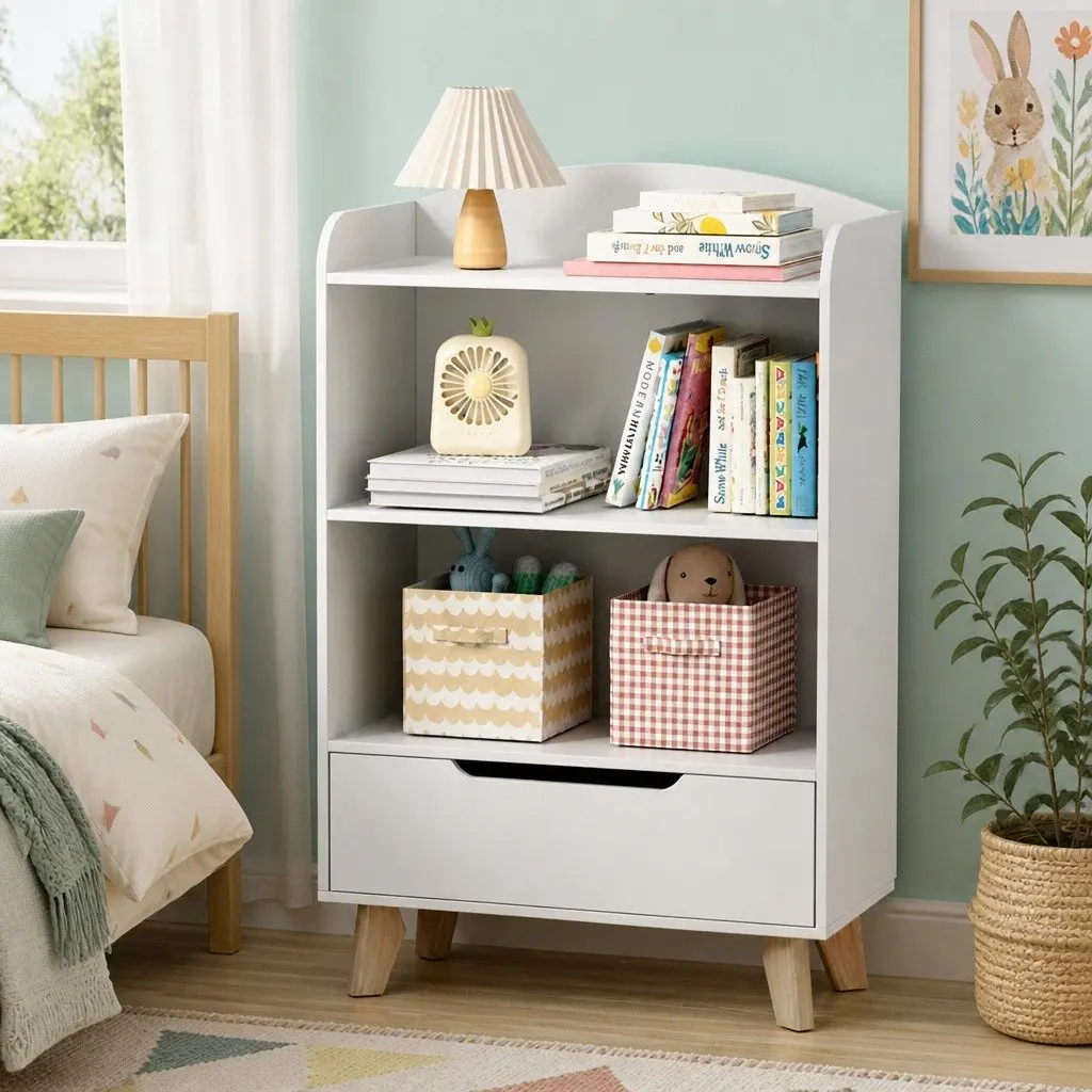 Yellow Kids Bookshelf with 3-Tier Storage