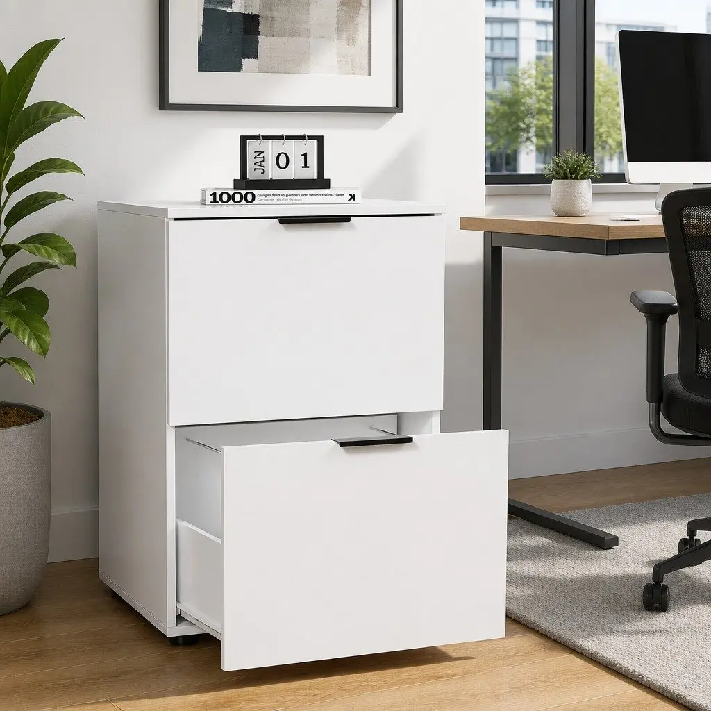 Filing Cabinet Particle Board 2 Drawer White Office Storage Organiser