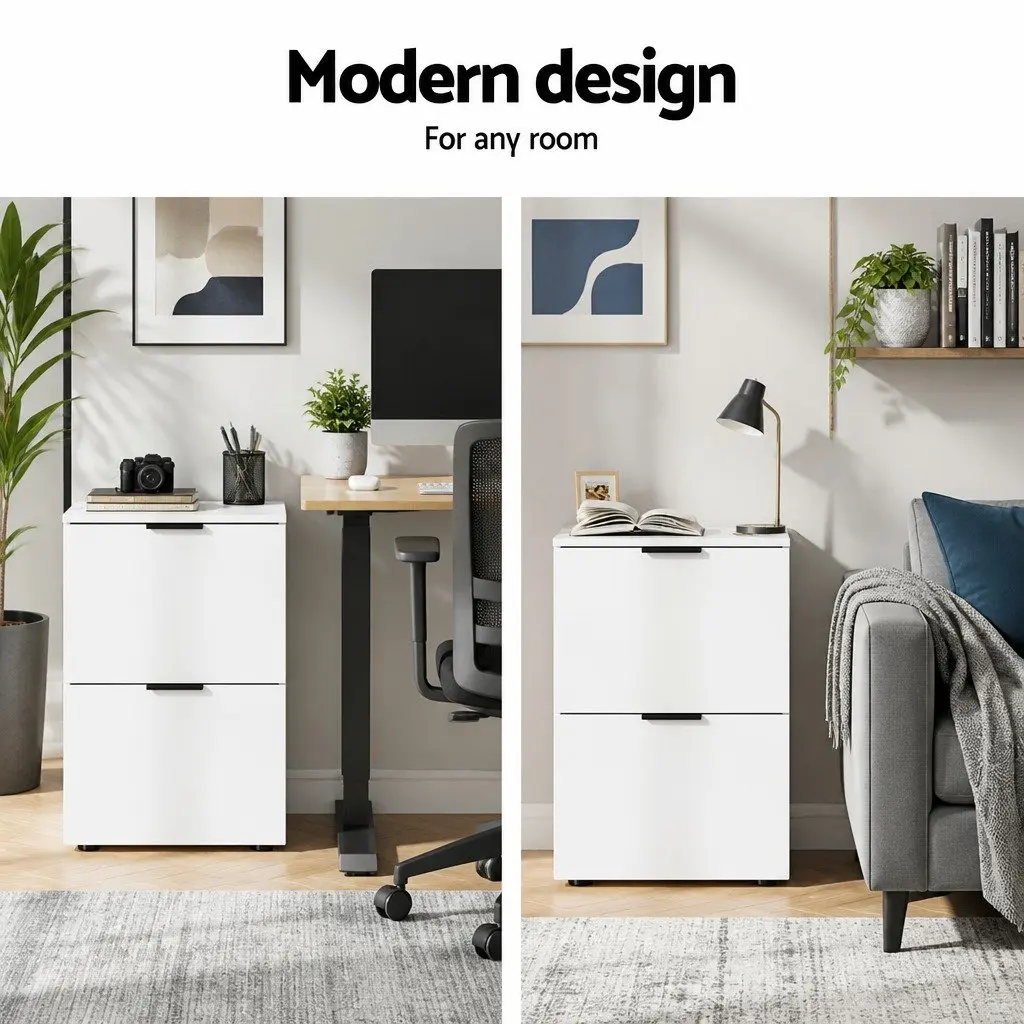 Filing Cabinet Particle Board 2 Drawer White Office Storage Organiser