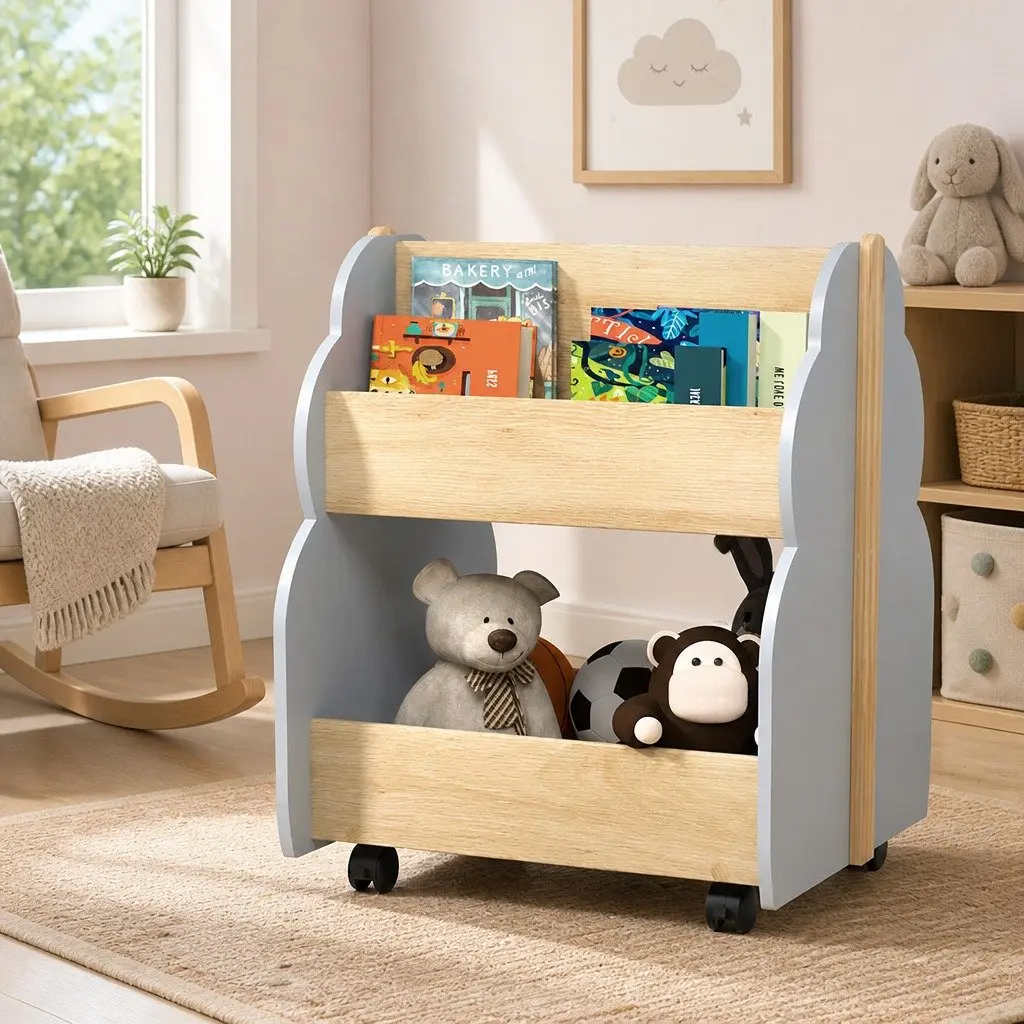 Kids Bookshelf Toy Box Storage Organiser Bookcase Display Shelf with Wheels Grey
