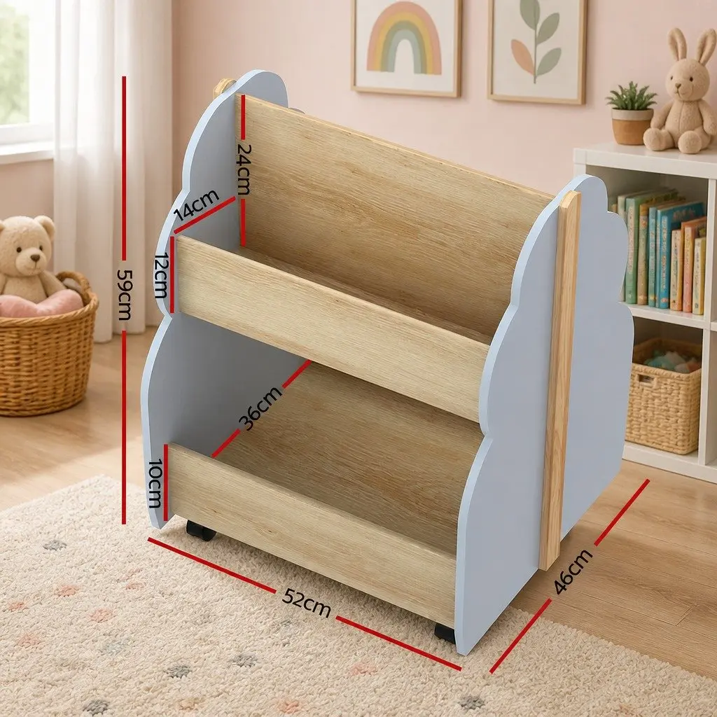 Kids Bookshelf Toy Box Storage Organiser Bookcase Display Shelf with Wheels Grey