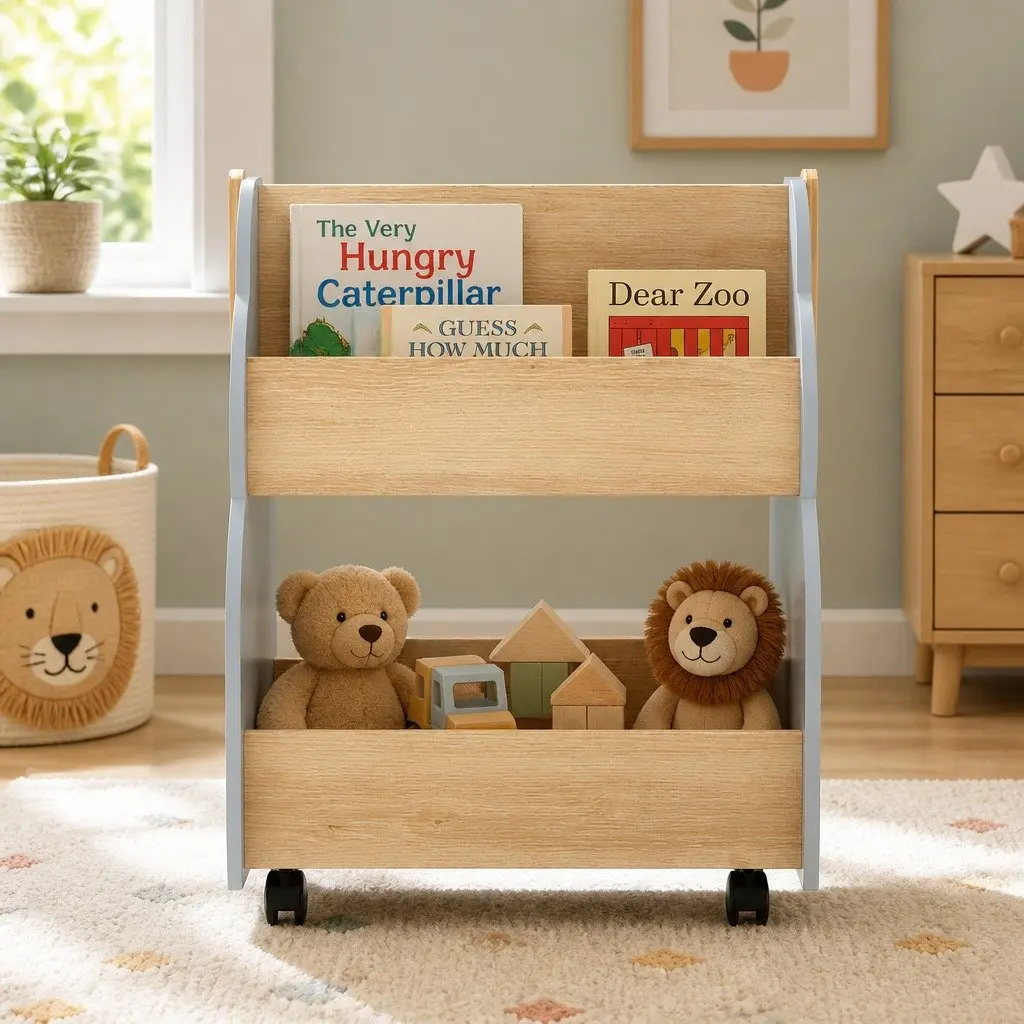 Kids Bookshelf Toy Box Storage Organiser Bookcase Display Shelf with Wheels Grey