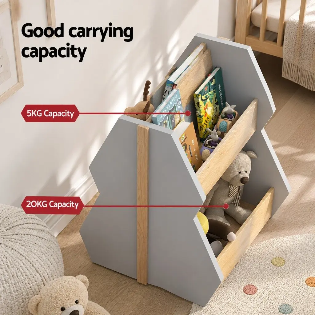 Kids Bookshelf Toy Box Storage Organiser Bookcase Display Shelf with Wheels Grey