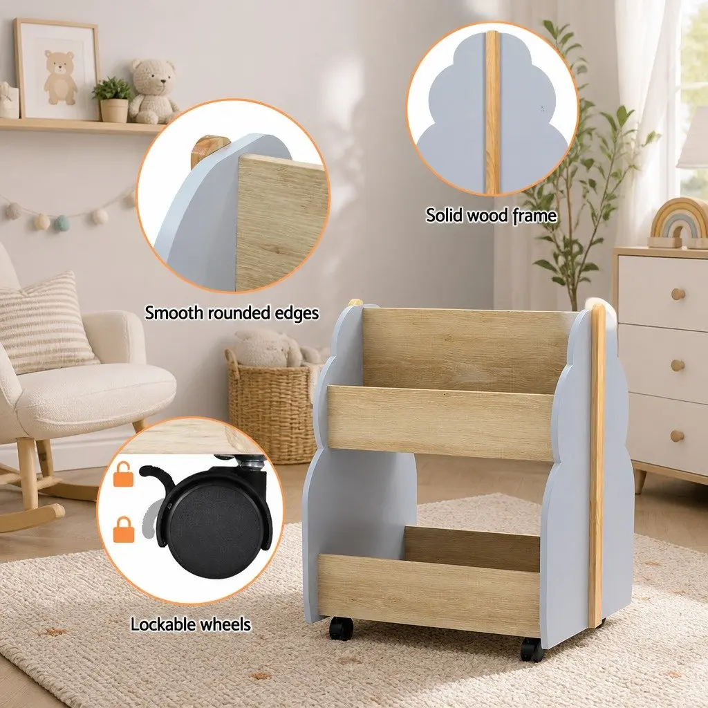 Kids Bookshelf Toy Box Storage Organiser Bookcase Display Shelf with Wheels Grey