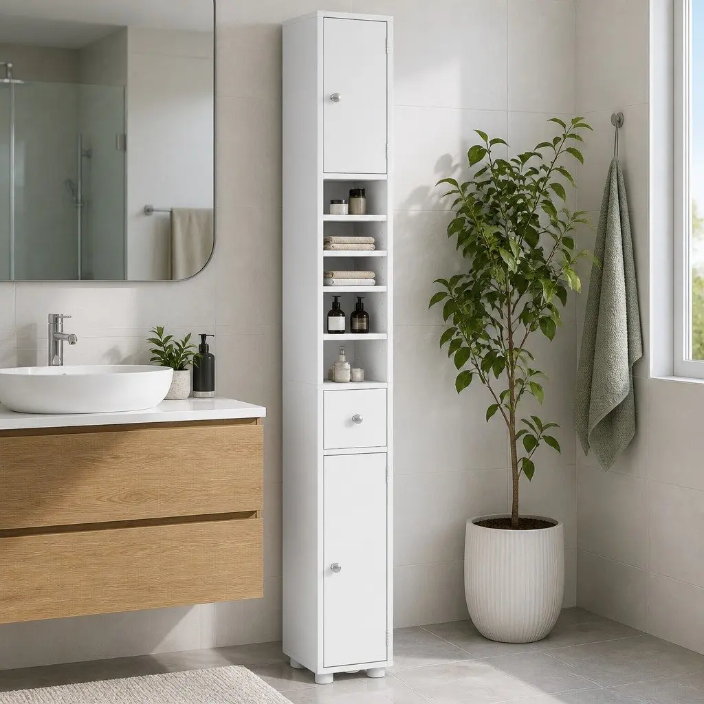 180cm Tall White Bathroom Storage Cabinet for Slim Spaces