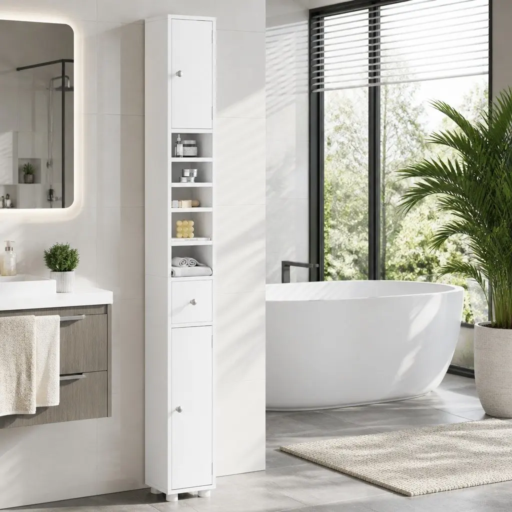 Bathroom Storage Cabinet MDF 180cm Tall Slim Floor Cupboard White